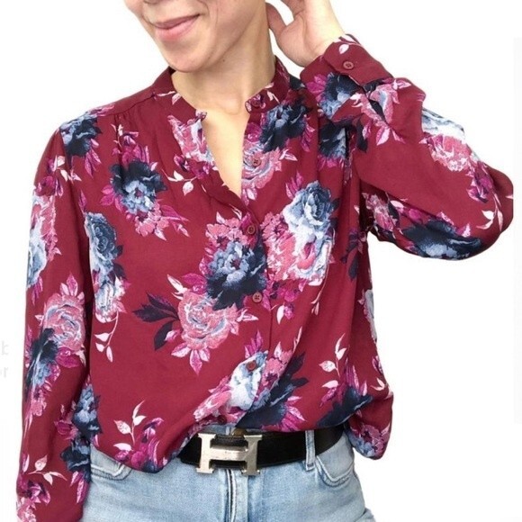 Burgundy long sleeve button down floral blouse size XL - Picture 1 of 6